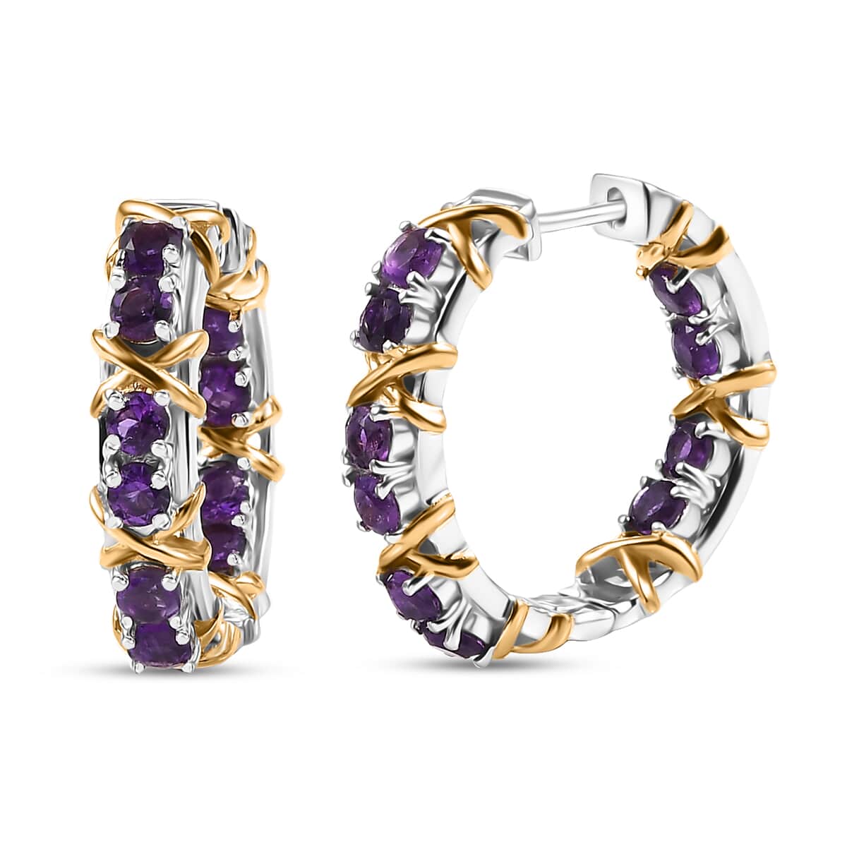 African Amethyst 2.10 ctw Hoop Earrings in 18K Vermeil YG and Rhodium Over Sterling Silver image number 0