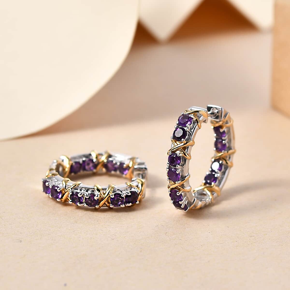 African Amethyst 2.10 ctw Hoop Earrings in 18K Vermeil YG and Rhodium Over Sterling Silver image number 1