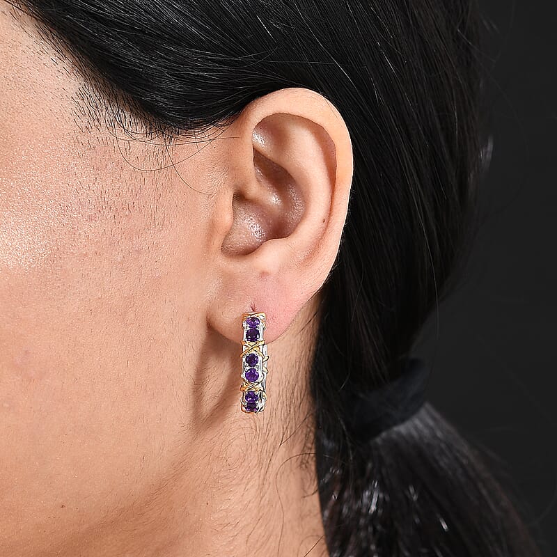 D'Joy African Amethyst 2.10 ctw Hoop Earrings in 18K Vermeil YG and Rhodium Over Sterling Silver