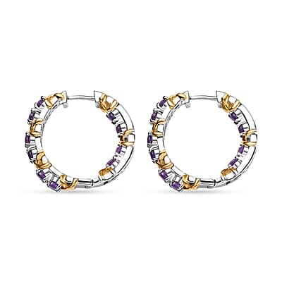 D'Joy African Amethyst 2.10 ctw Hoop Earrings in 18K Vermeil YG and Rhodium Over Sterling Silver
