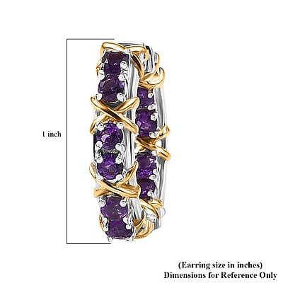 D'Joy African Amethyst 2.10 ctw Hoop Earrings in 18K Vermeil YG and Rhodium Over Sterling Silver