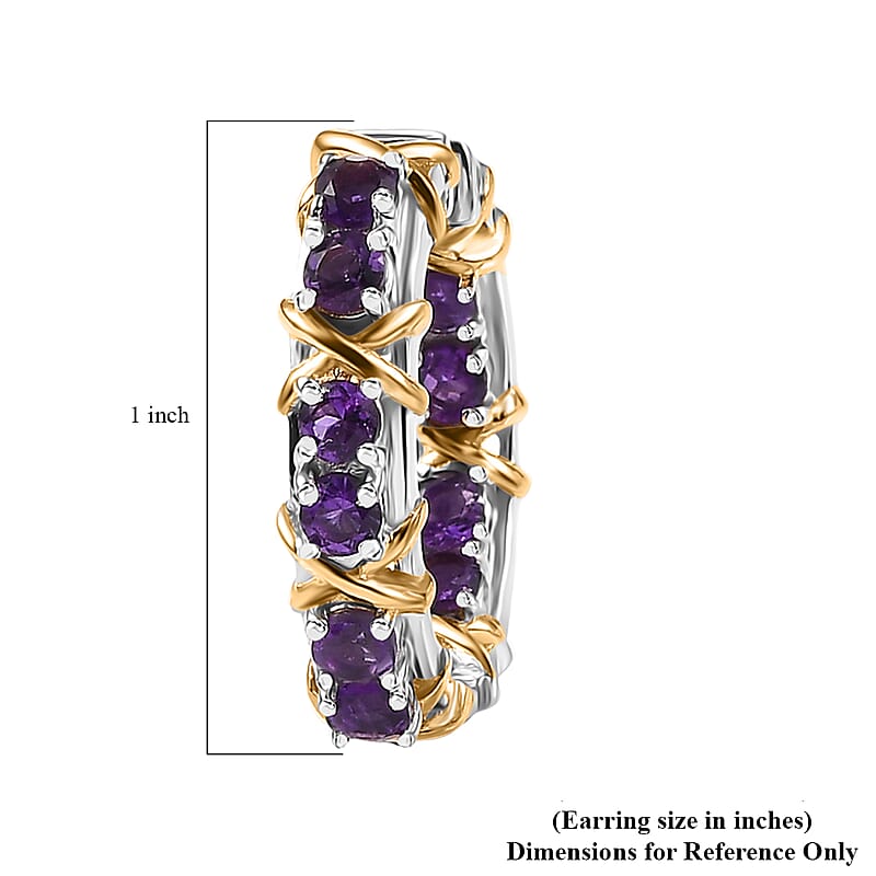 D'Joy African Amethyst 2.10 ctw Hoop Earrings in 18K Vermeil YG and Rhodium Over Sterling Silver