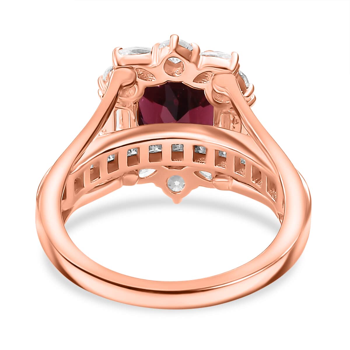 Doorbuster Orissa Rhodolite Garnet and Moissanite 4.60 ctw Scarlet Brilliance Ring in 18K Vermeil Rose Gold Over Sterling Silver (Size 7.0) image number 4