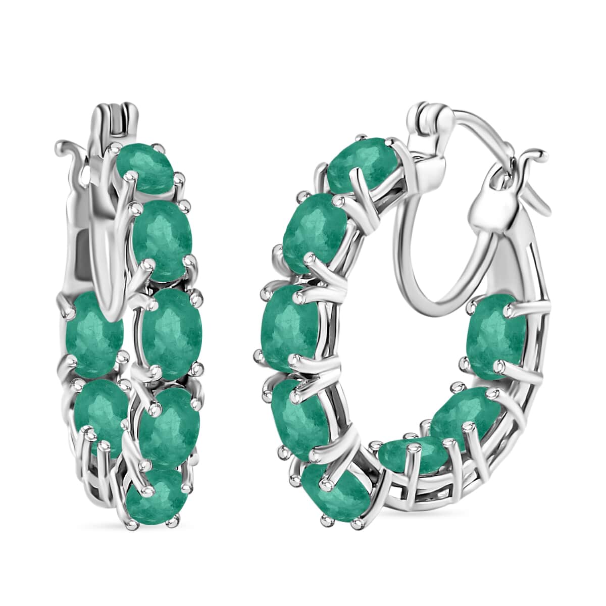 Kagem Zambian Emerald 7.36 ctw Inside-out Hoop Earrings in Rhodium Over Sterling Silver image number 0