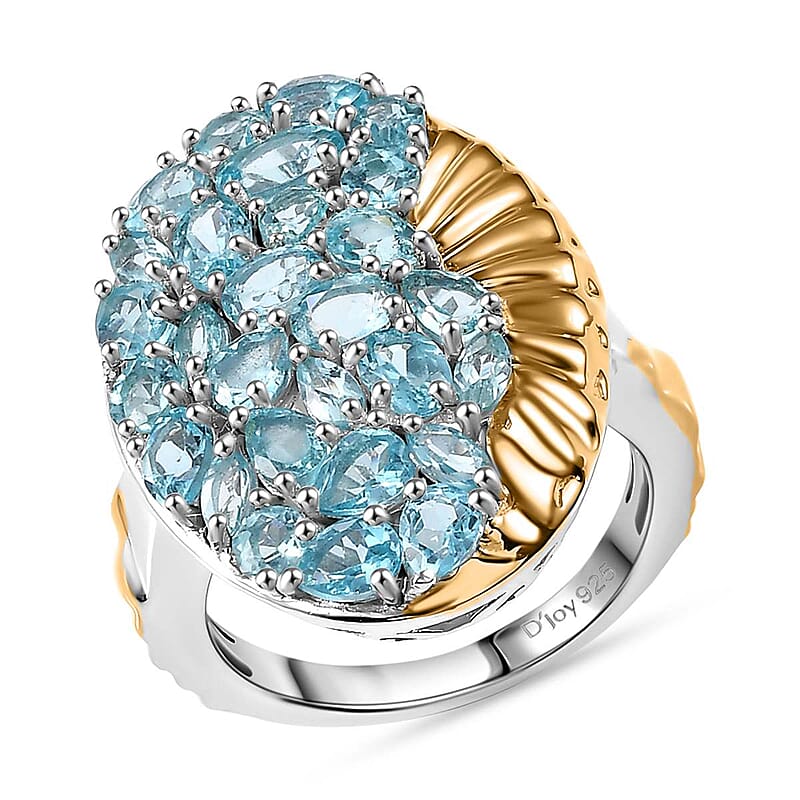 Paraiba Apatite 4.35 ctw Ocean Wave Ring in 18K Vermeil YG and Rhodium Over Sterling Silver (Size 10.0)