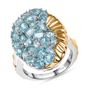 Paraiba Apatite 4.35 ctw Ocean Wave Ring in 18K Vermeil YG and Rhodium Over Sterling Silver (Size 5.0)