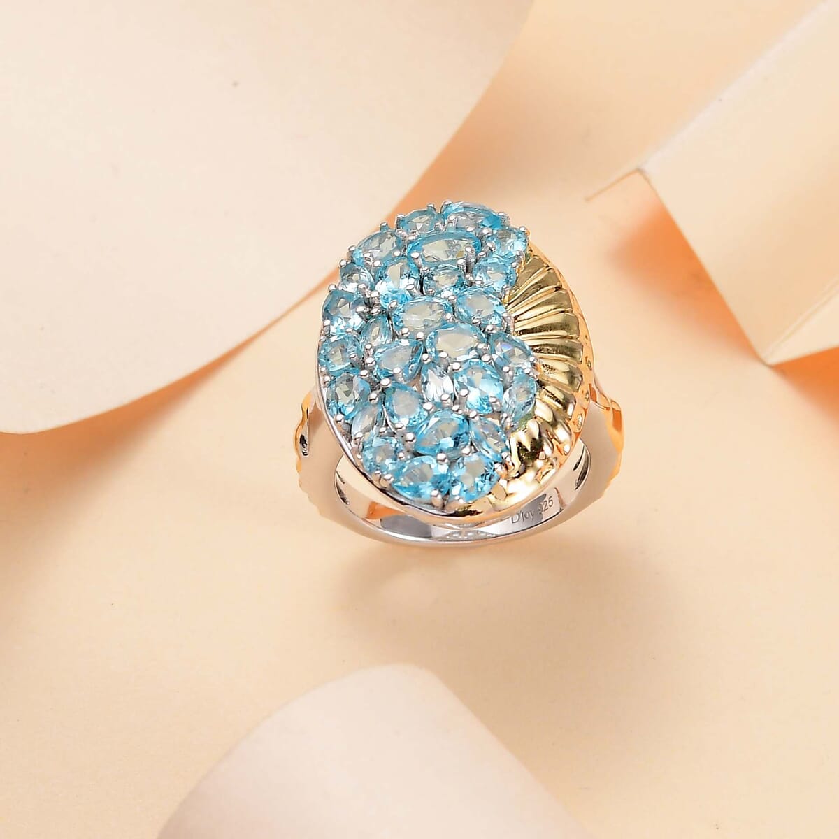 Paraiba Apatite 4.35 ctw Ocean Wave Ring in 18K Vermeil YG and Rhodium Over Sterling Silver (Size 5.0) image number 1