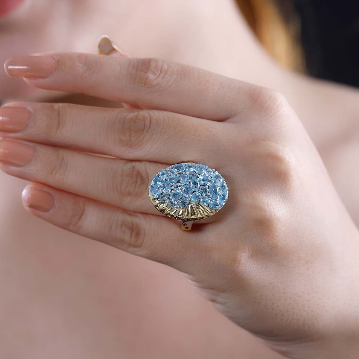 Paraiba Apatite 4.35 ctw Ocean Wave Ring in 18K Vermeil YG and Rhodium Over Sterling Silver (Size 5.0) image number 2