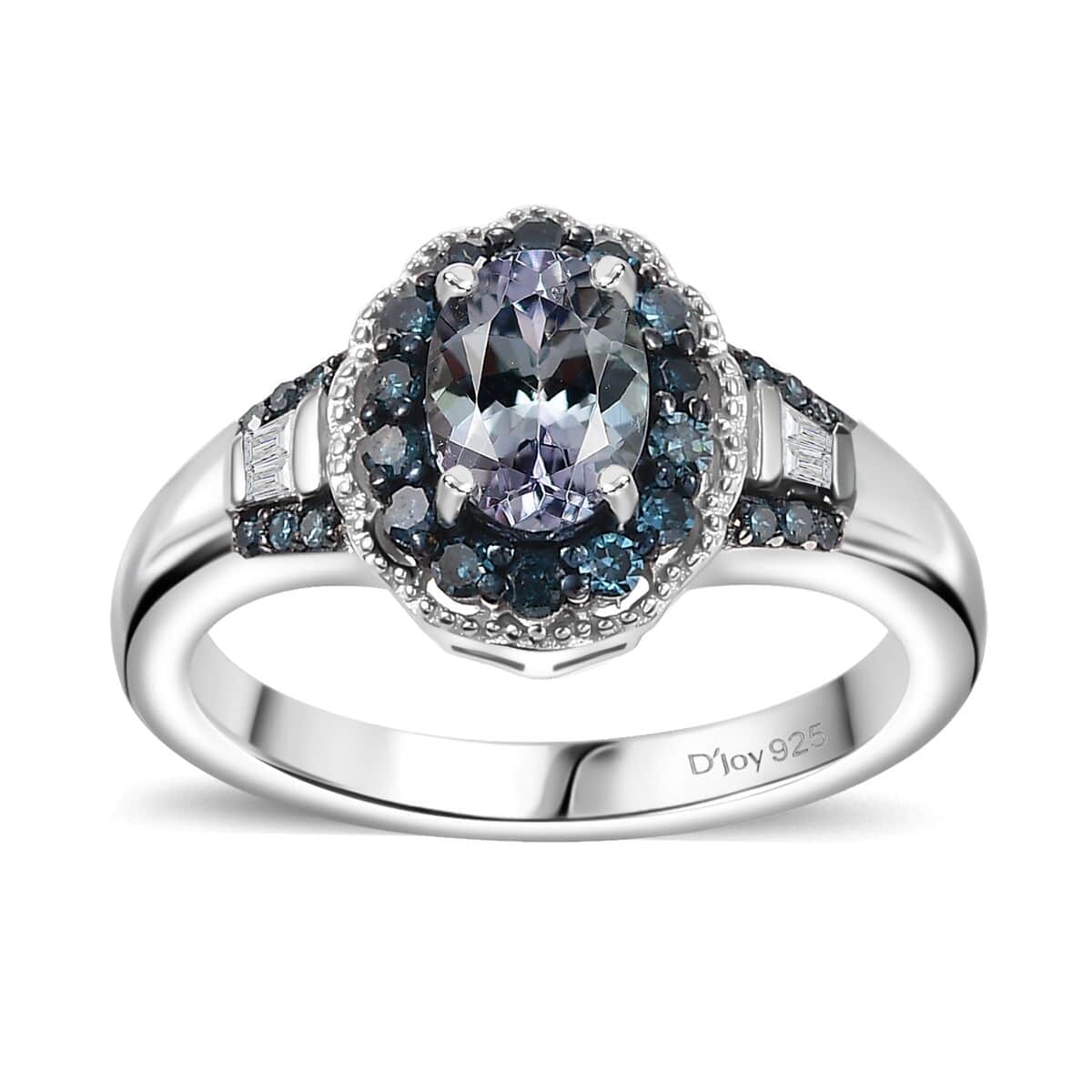 Peacock Tanzanite, Blue and White Diamond 1.15 ctw Ring in Rhodium Over Sterling Silver (Size 10.0) image number 0