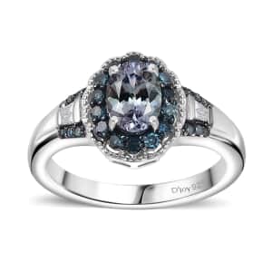 Peacock Tanzanite, Blue and White Diamond 1.15 ctw Ring in Rhodium Over Sterling Silver (Size 10.0)