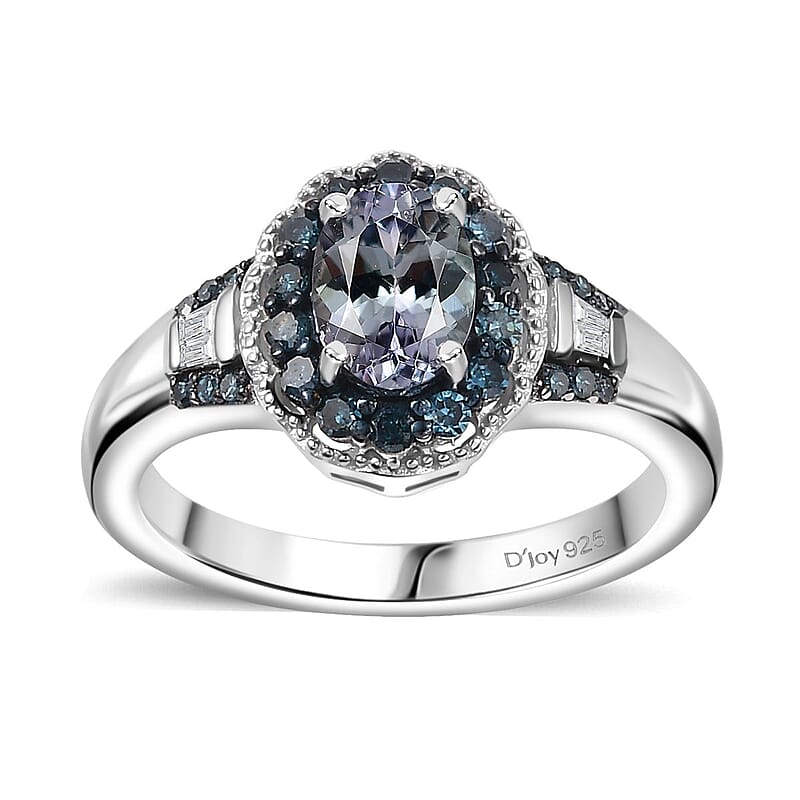 D'Joy Peacock Tanzanite, Blue and White Diamond 1.15 ctw Ring in Rhodium Over Sterling Silver (Size 10.0)
