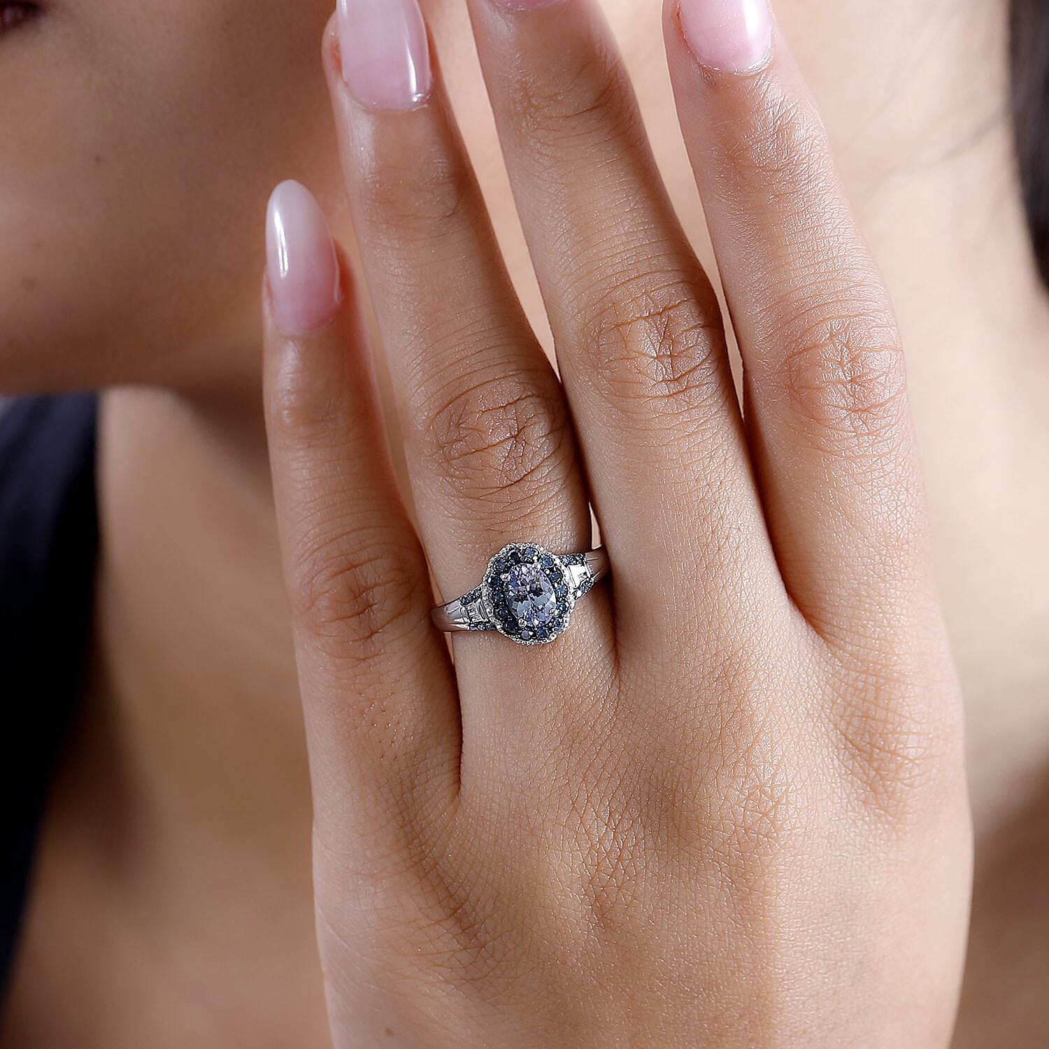 D'Joy Peacock Tanzanite, Blue and White Diamond 1.15 ctw Ring in Rhodium Over Sterling Silver (Size 10.0)