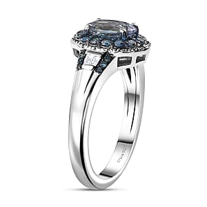D'Joy Peacock Tanzanite, Blue and White Diamond 1.15 ctw Ring in Rhodium Over Sterling Silver (Size 10.0)