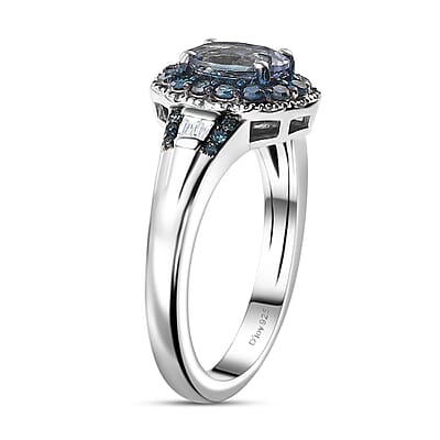 D'Joy Peacock Tanzanite, Blue and White Diamond 1.15 ctw Ring in Rhodium Over Sterling Silver (Size 10.0)