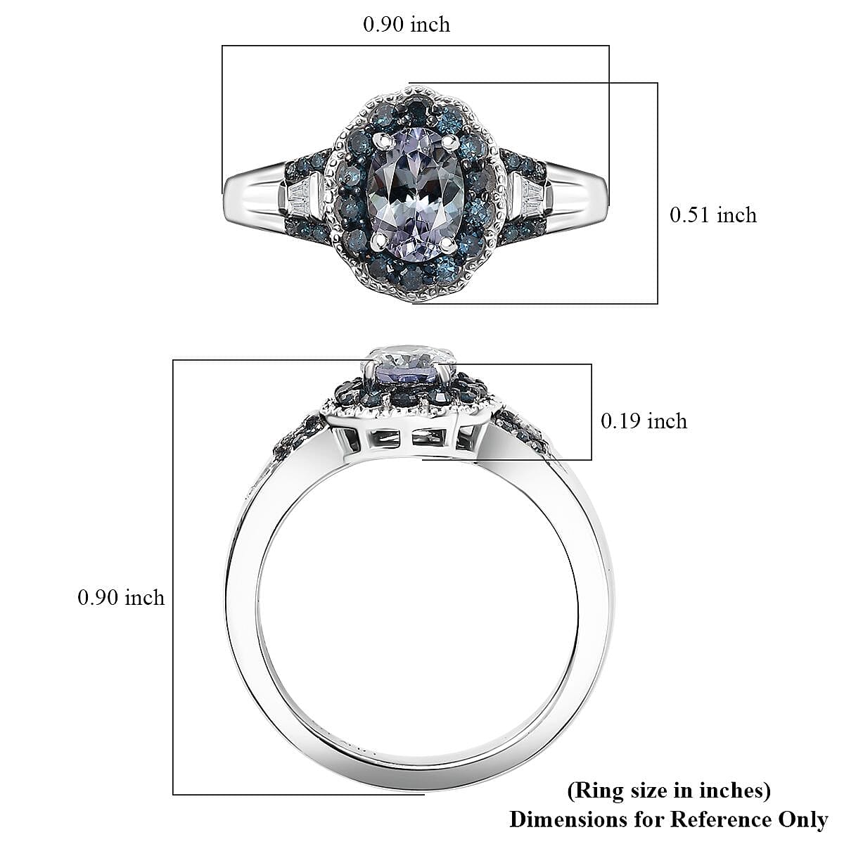 D'Joy Peacock Tanzanite, Blue and White Diamond 1.15 ctw Ring in Rhodium Over Sterling Silver (Size 10.0)