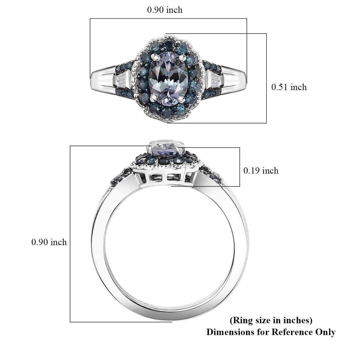 Peacock Tanzanite, Blue and White Diamond 1.15 ctw Ring in Rhodium Over Sterling Silver (Size 10.0) image number 5