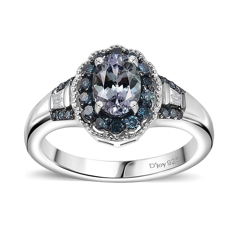 D'Joy Peacock Tanzanite, Blue and White Diamond 1.15 ctw Ring in Rhodium Over Sterling Silver (Size 6.0)