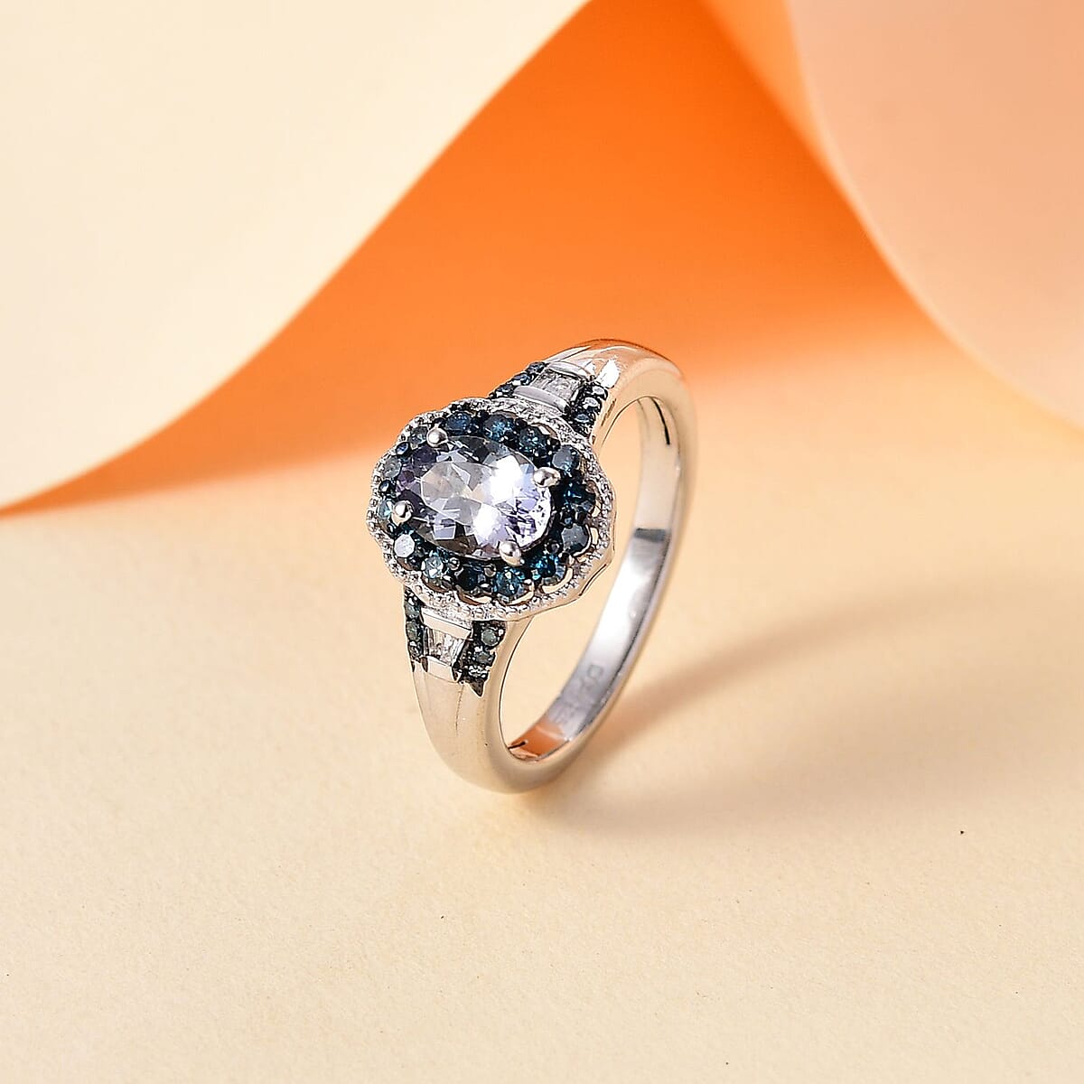 D'Joy Peacock Tanzanite, Blue and White Diamond 1.15 ctw Ring in Rhodium Over Sterling Silver (Size 6.0) image number 1