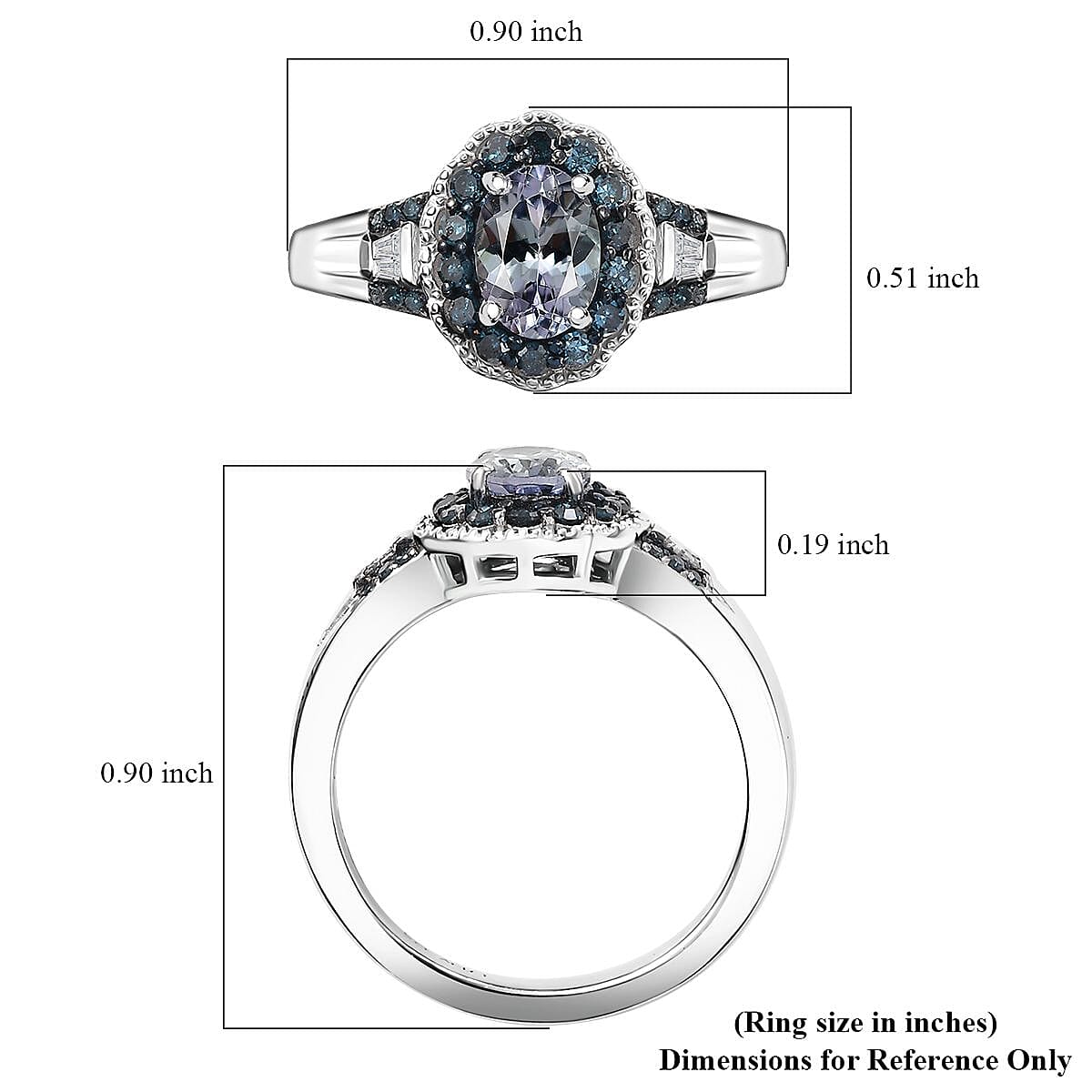 D'Joy Peacock Tanzanite, Blue and White Diamond 1.15 ctw Ring in Rhodium Over Sterling Silver (Size 6.0) image number 5