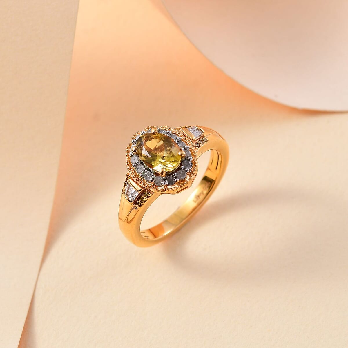 Golden Tanzanite, Yellow and White Diamond 1.10 ctw Ring in 18K Vermeil Yellow Gold Over Sterling Silver (Size 8.0) image number 1