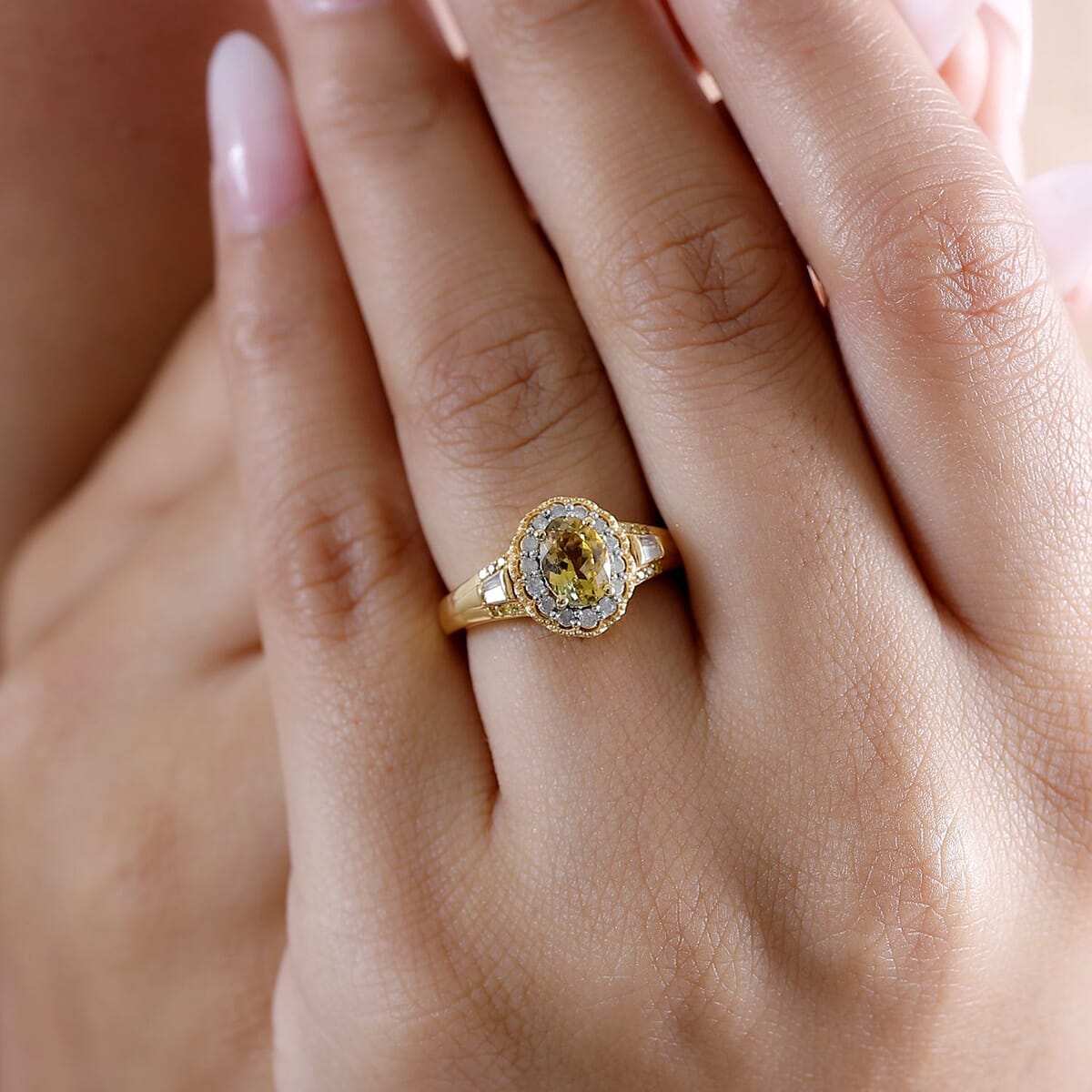 Golden Tanzanite, Yellow and White Diamond 1.10 ctw Ring in 18K Vermeil Yellow Gold Over Sterling Silver (Size 8.0) image number 2