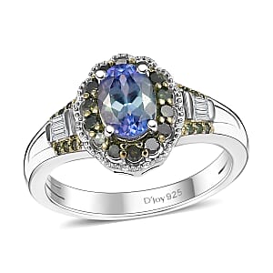 Green Tanzanite, Green and White Diamond 1.10 ctw Ring in Rhodium Over Sterling Silver (Size 8.0)