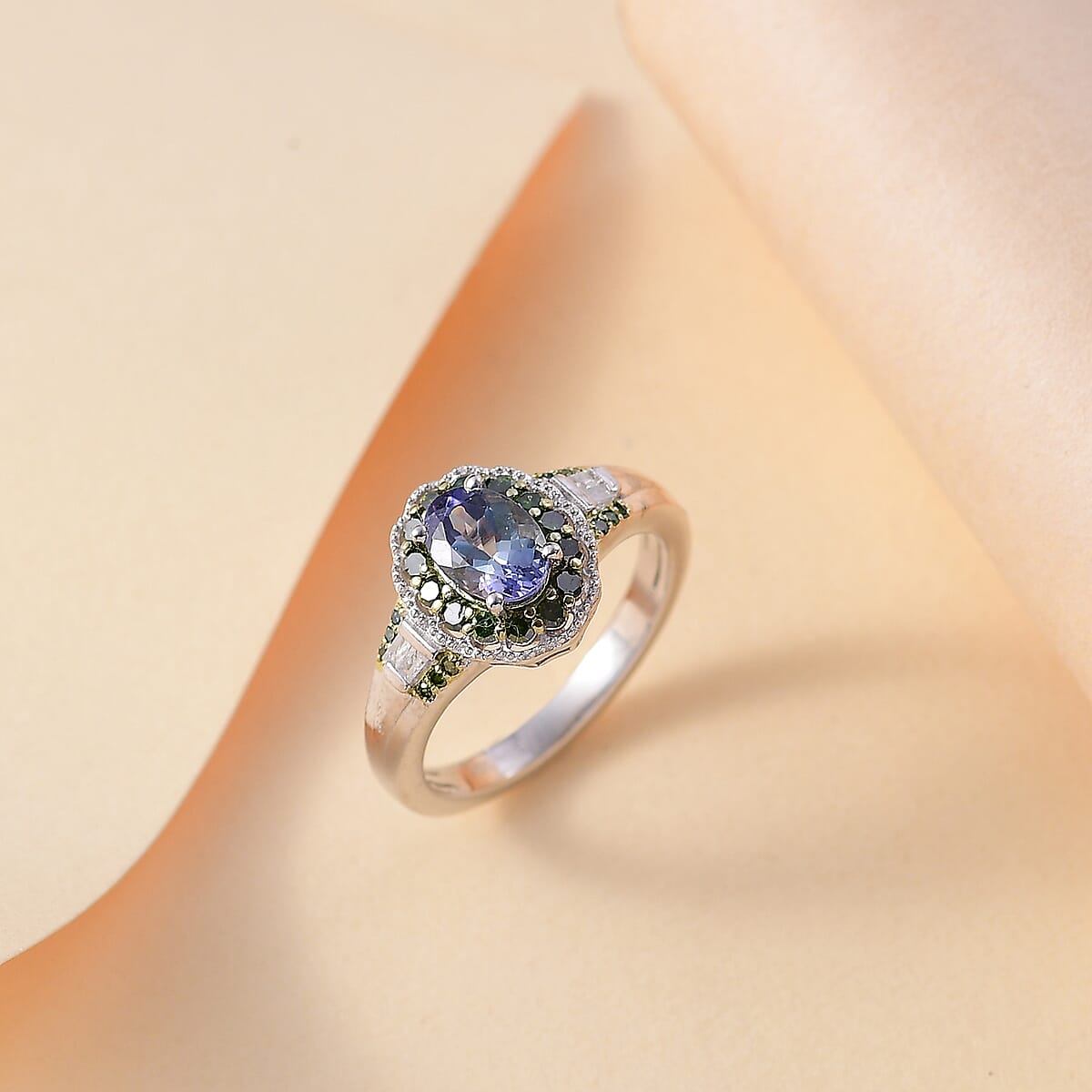 Green Tanzanite, Green and White Diamond 1.10 ctw Ring in Rhodium Over Sterling Silver (Size 8.0) image number 1