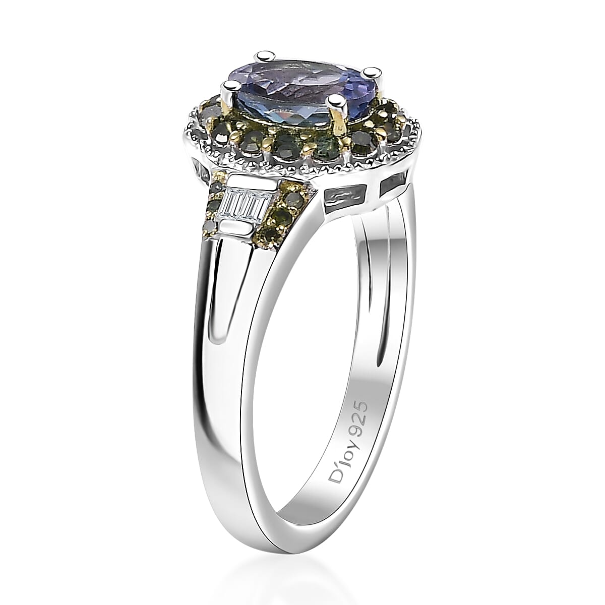 Green Tanzanite, Green and White Diamond 1.10 ctw Ring in Rhodium Over Sterling Silver (Size 8.0) image number 3