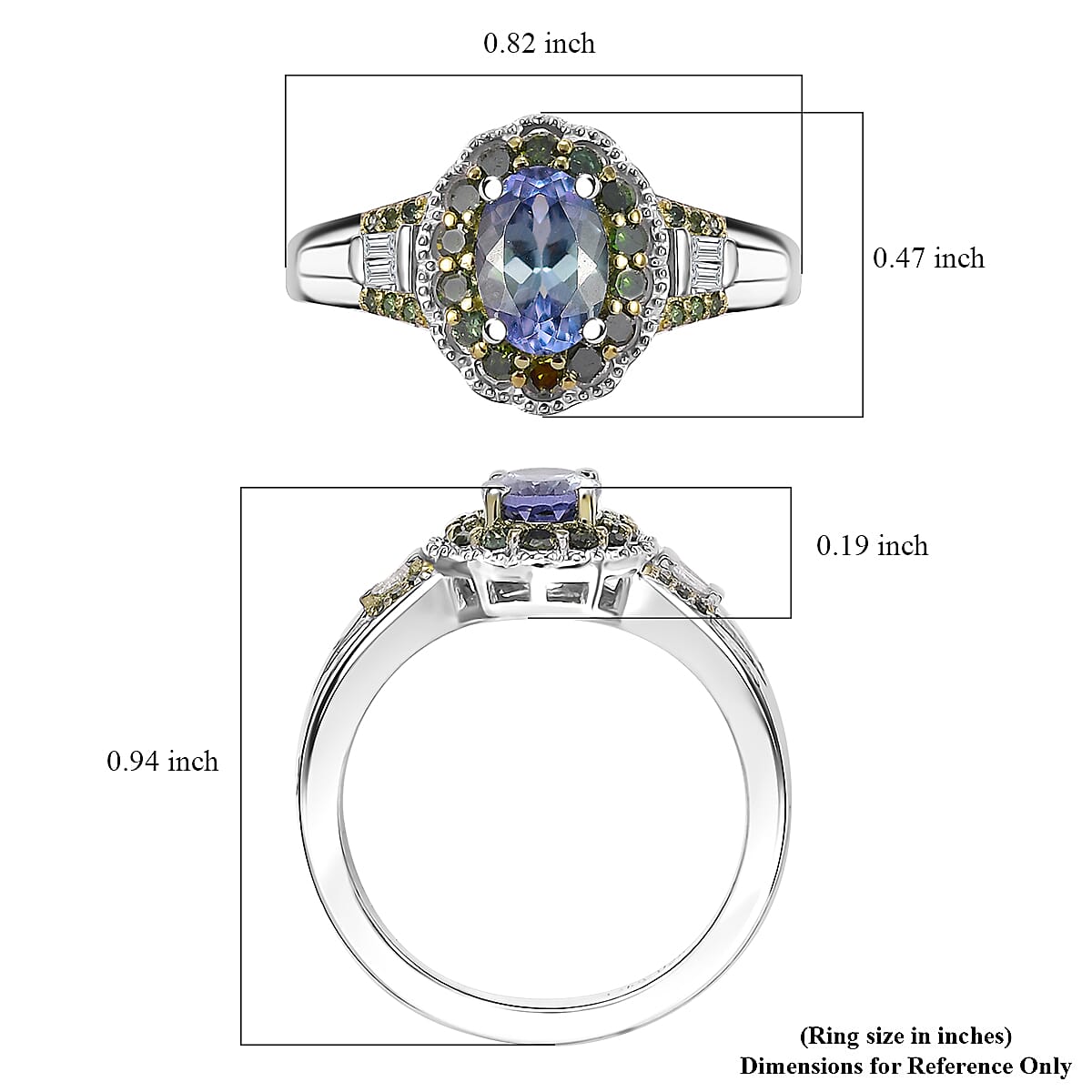 Green Tanzanite, Green and White Diamond 1.10 ctw Ring in Rhodium Over Sterling Silver (Size 8.0) image number 5