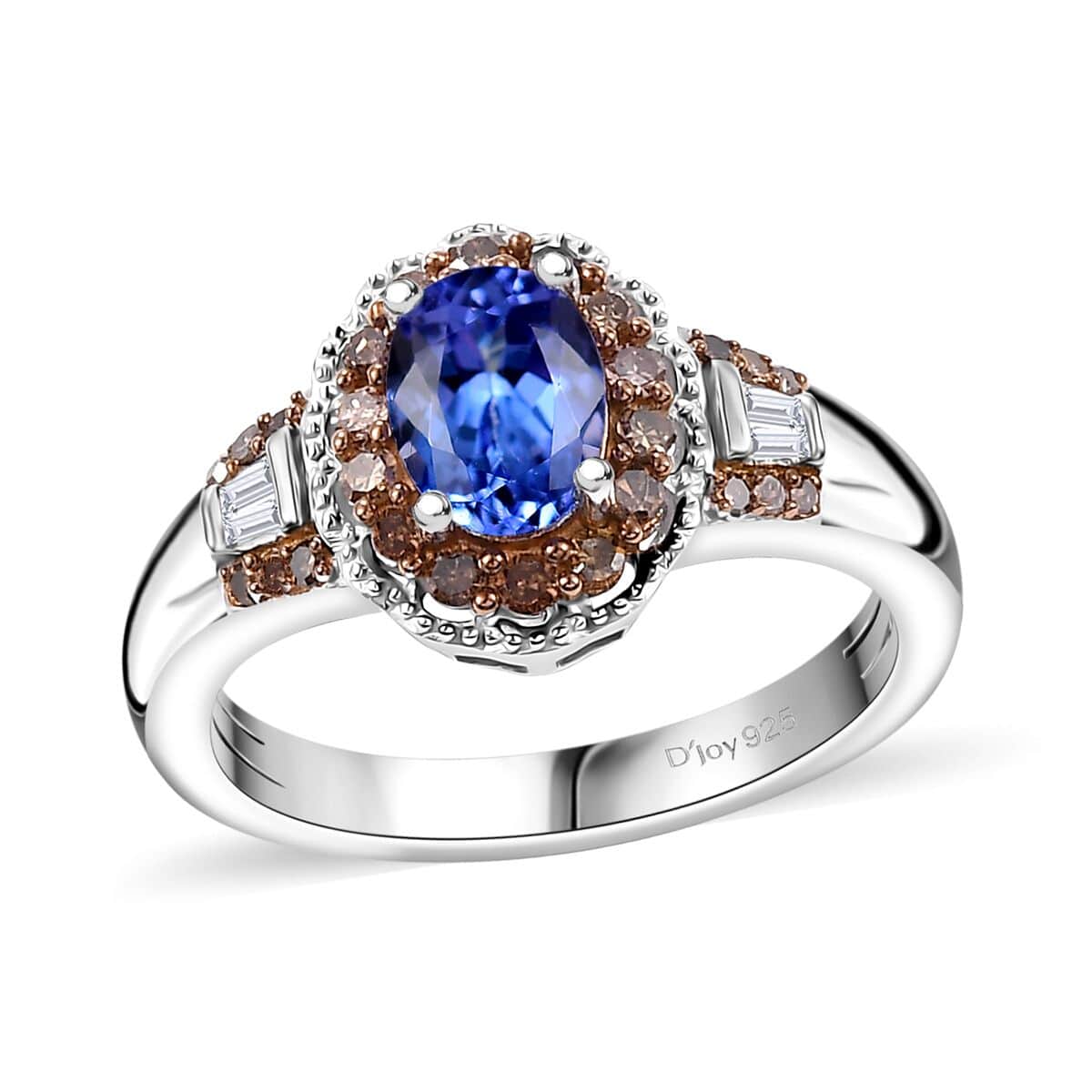 Tanzanite, Natural Champagne and White Diamond 1.10 ctw Ring in Rhodium Over Sterling Silver (Size 10.0)  image number 0