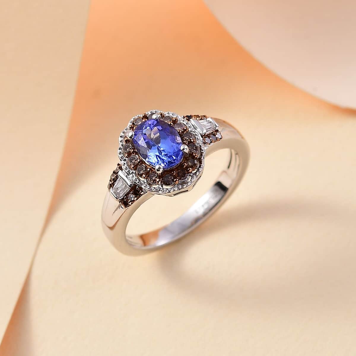 Tanzanite, Natural Champagne and White Diamond 1.10 ctw Ring in Rhodium Over Sterling Silver (Size 10.0)  image number 1