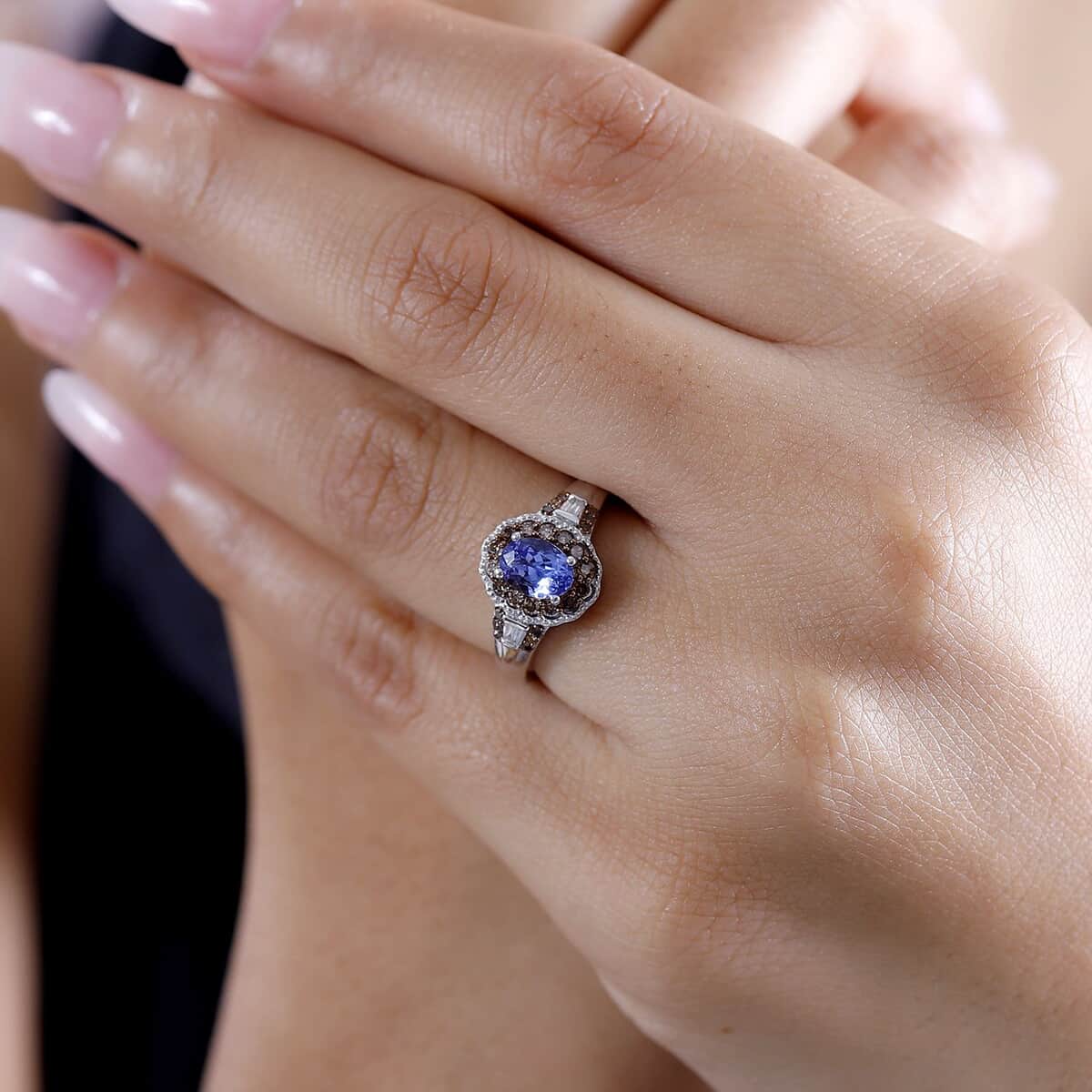 Tanzanite, Natural Champagne and White Diamond 1.10 ctw Ring in Rhodium Over Sterling Silver (Size 10.0)  image number 2