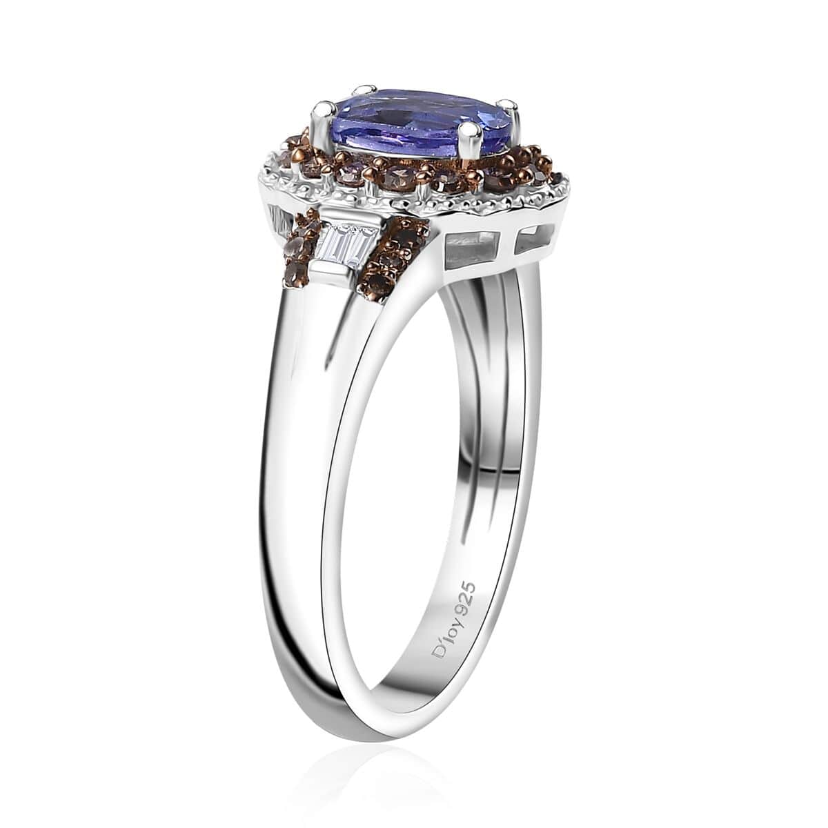 Tanzanite, Natural Champagne and White Diamond 1.10 ctw Ring in Rhodium Over Sterling Silver (Size 10.0)  image number 3