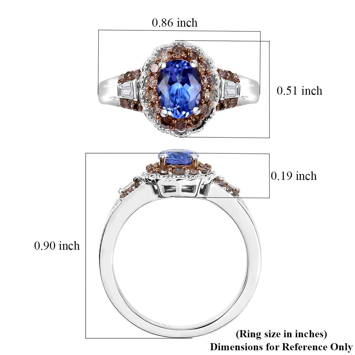 Tanzanite, Natural Champagne and White Diamond 1.10 ctw Ring in Rhodium Over Sterling Silver (Size 10.0)  image number 5