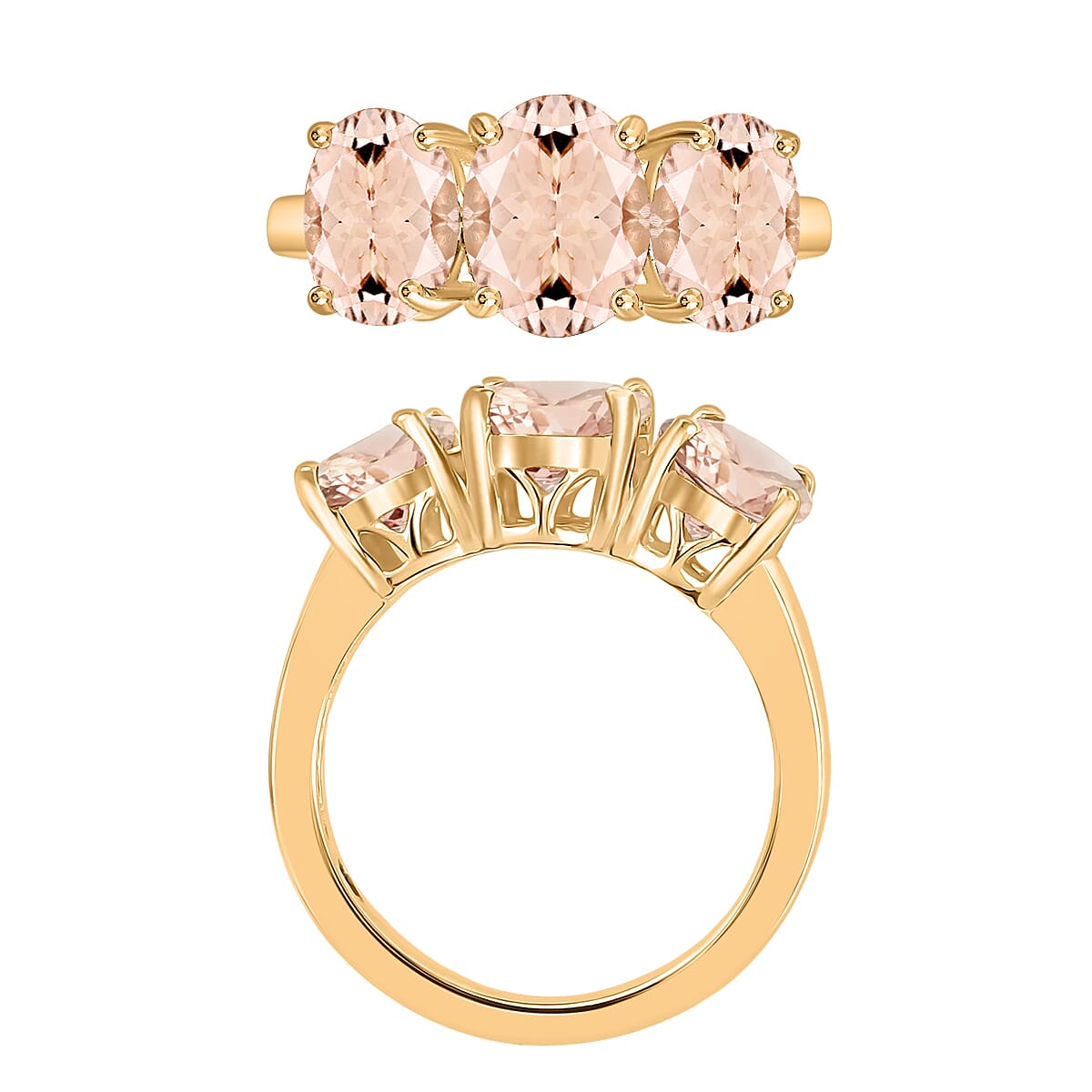 Marropino Morganite 5.00 ctw 3 Stone Ring in 18K Vermeil Yellow Gold Over Sterling Silver (Size 6.5) 4.50 Grams (Del. in 10-12 Days) image number 3