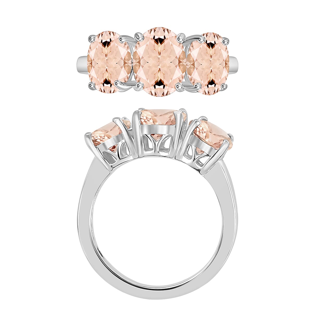 Marropino Morganite 5.00 ctw 3 Stone Ring in Rhodium Over Sterling Silver (Size 7.0) 4.50 Grams (Del. in 10-12 Days) image number 3