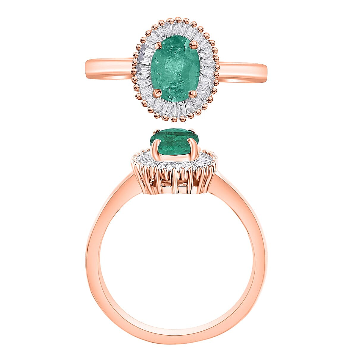 Luxoro Premium Kagem Zambian Emerald and G-H I1 Diamond 1.00 ctw Ring in 14K Rose Gold (Size 7.5) (Del. in 10-12 Days) image number 3