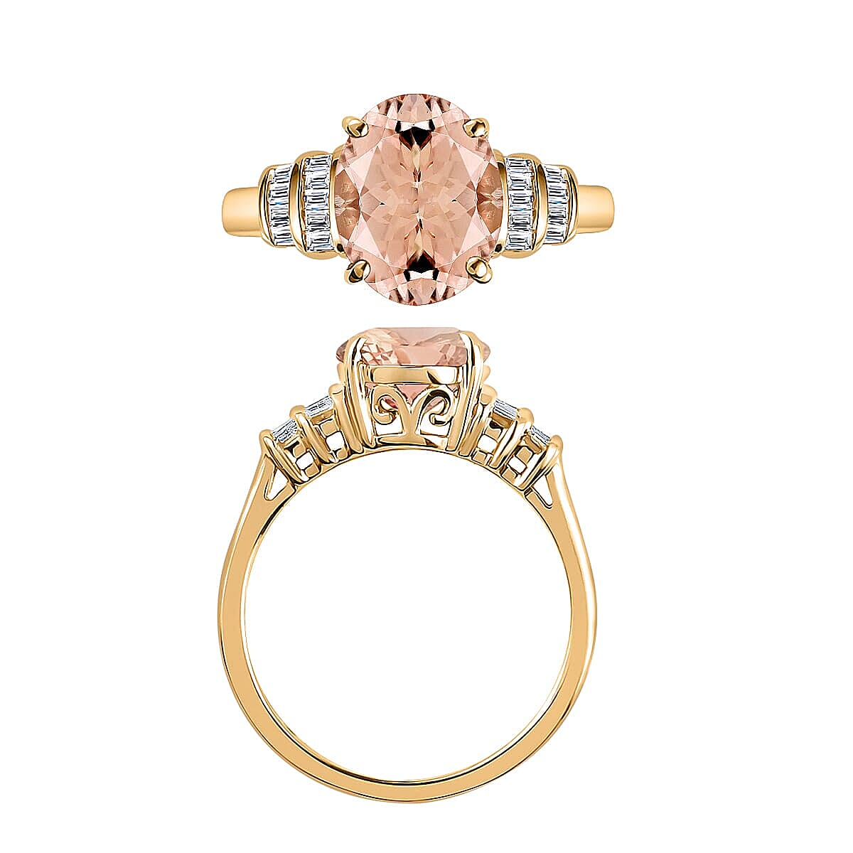 Luxoro Premium Marropino Morganite and G-H I1 Diamond 2.50 ctw Statement Ring in 14K Yellow Gold (Size 5.5) (Del. in 10-12 Days) image number 3