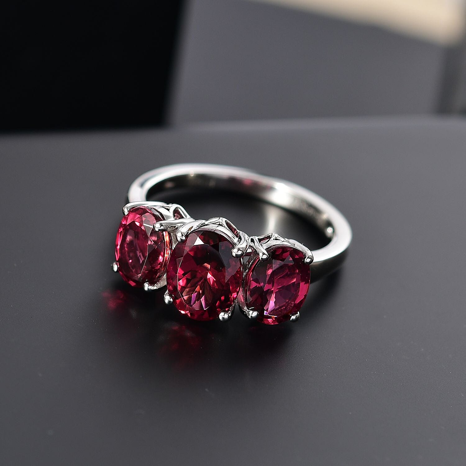 Rhapsody AAAA Ouro Fino Rubellite 5.00 ctw 3 Stone Ring in 950 Platinum (Size 8.0) 7.2 Grams