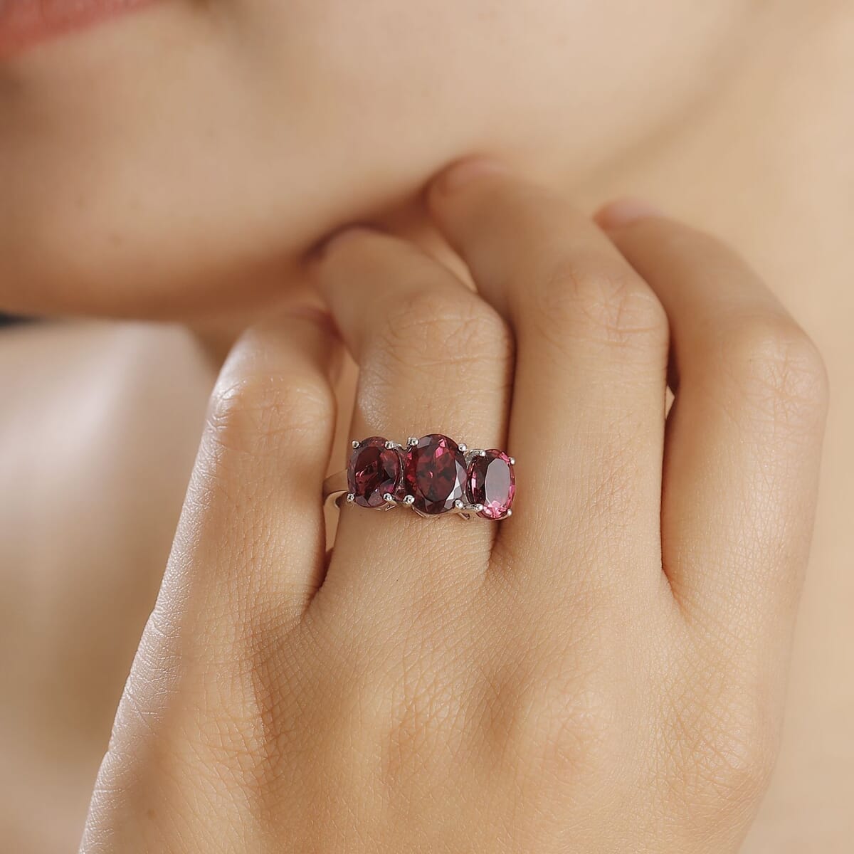 Rhapsody AAAA Ouro Fino Rubellite 5.00 ctw 3 Stone Ring in 950 Platinum (Size 8.0) 7.20 Grams image number 2