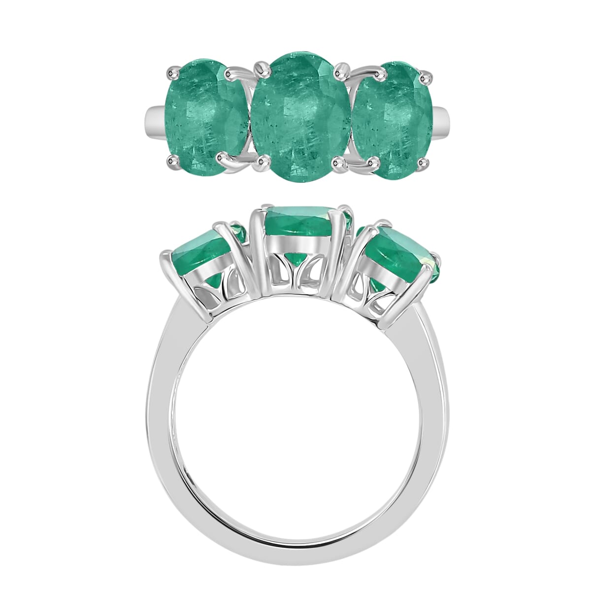Luxoro Premium Kagem Zambian Emerald 4.20 ctw 3 Stone Ring in 14K White Gold (Size 10.0) 5.50 Grams image number 3