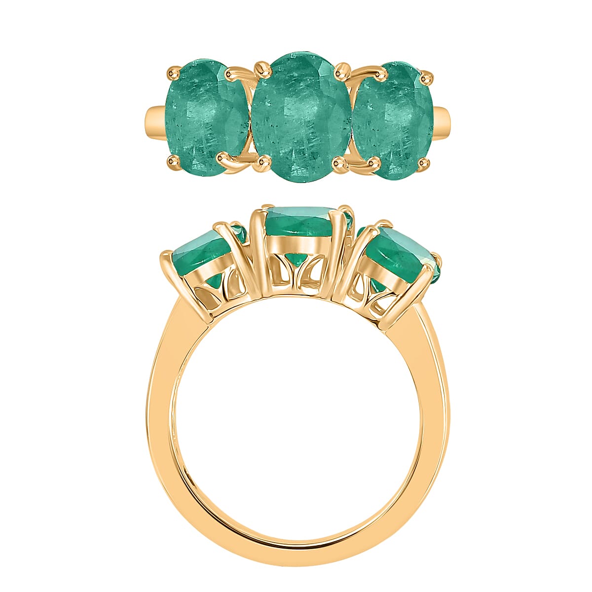 Luxoro Premium Kagem Zambian Emerald 4.20 ctw 3 Stone Ring in 14K Yellow Gold (Size 7.5) 5.5 Grams
