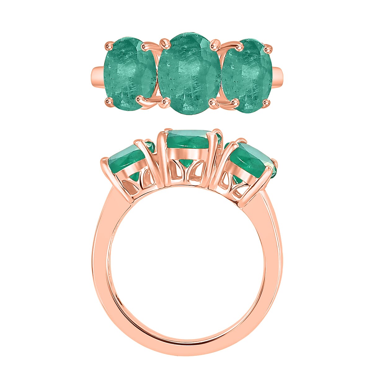 Luxoro Premium Kagem Zambian Emerald 4.20 ctw 3 Stone Ring in 14K Rose Gold (Size 4.0) 5.50 Grams (Del. in 10-12 Days) image number 3