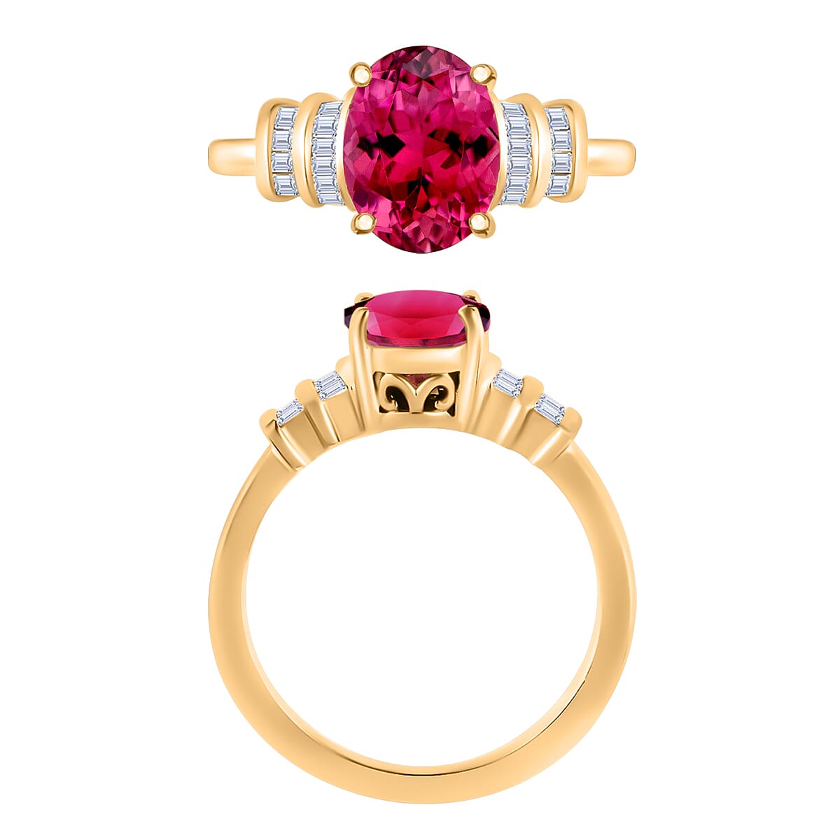 Luxoro Premium Ouro Fino Rubellite and G-H I1 Diamond 2.50 ctw Ring in 14K Yellow Gold (Size 4.5) (Del. in 10-12 Days) image number 3