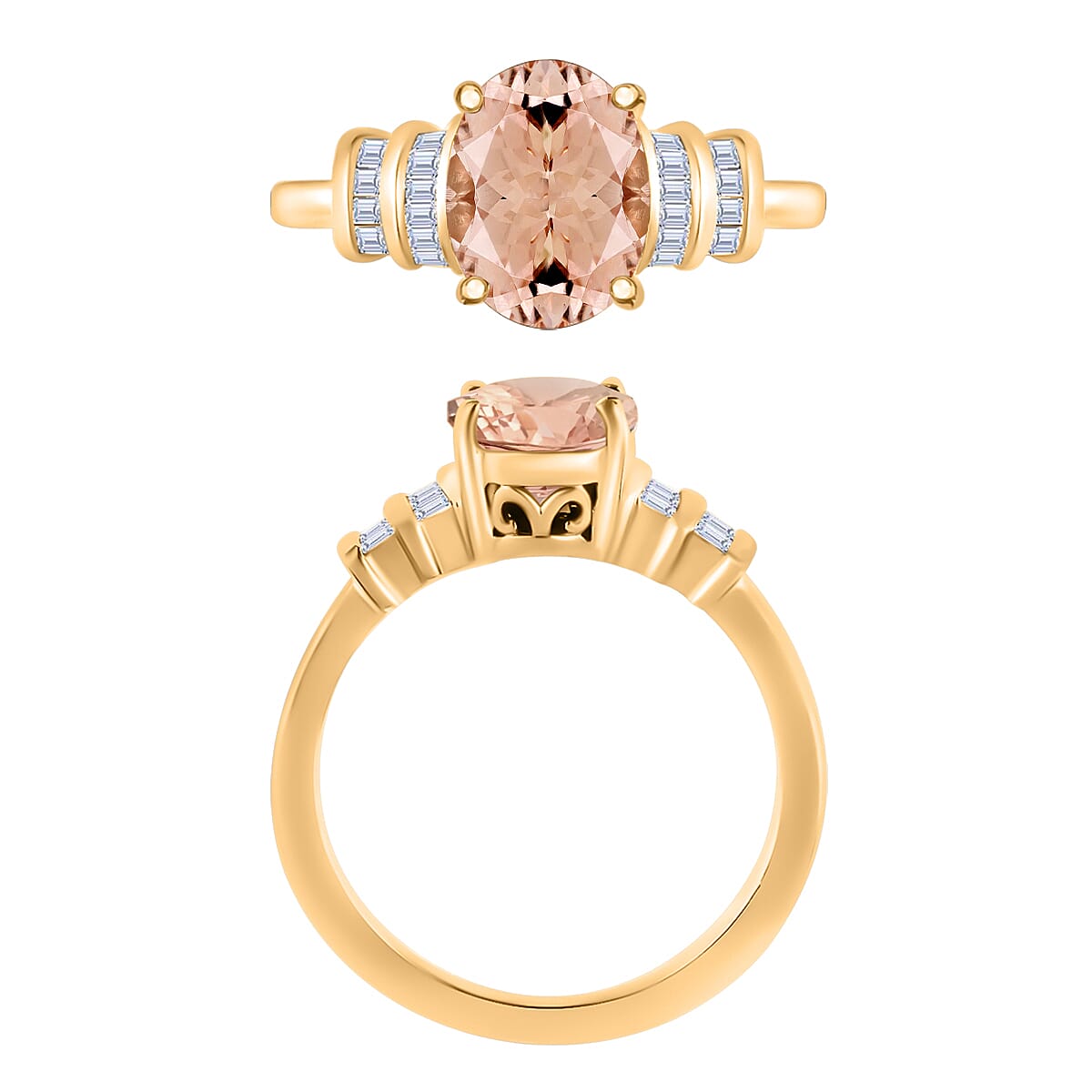 Luxoro Premium Marropino Morganite and G-H I1 Diamond 2.50 ctw Statement Ring in 14K Yellow Gold (Size 7.0) (Del. in 10-12 Days) image number 3