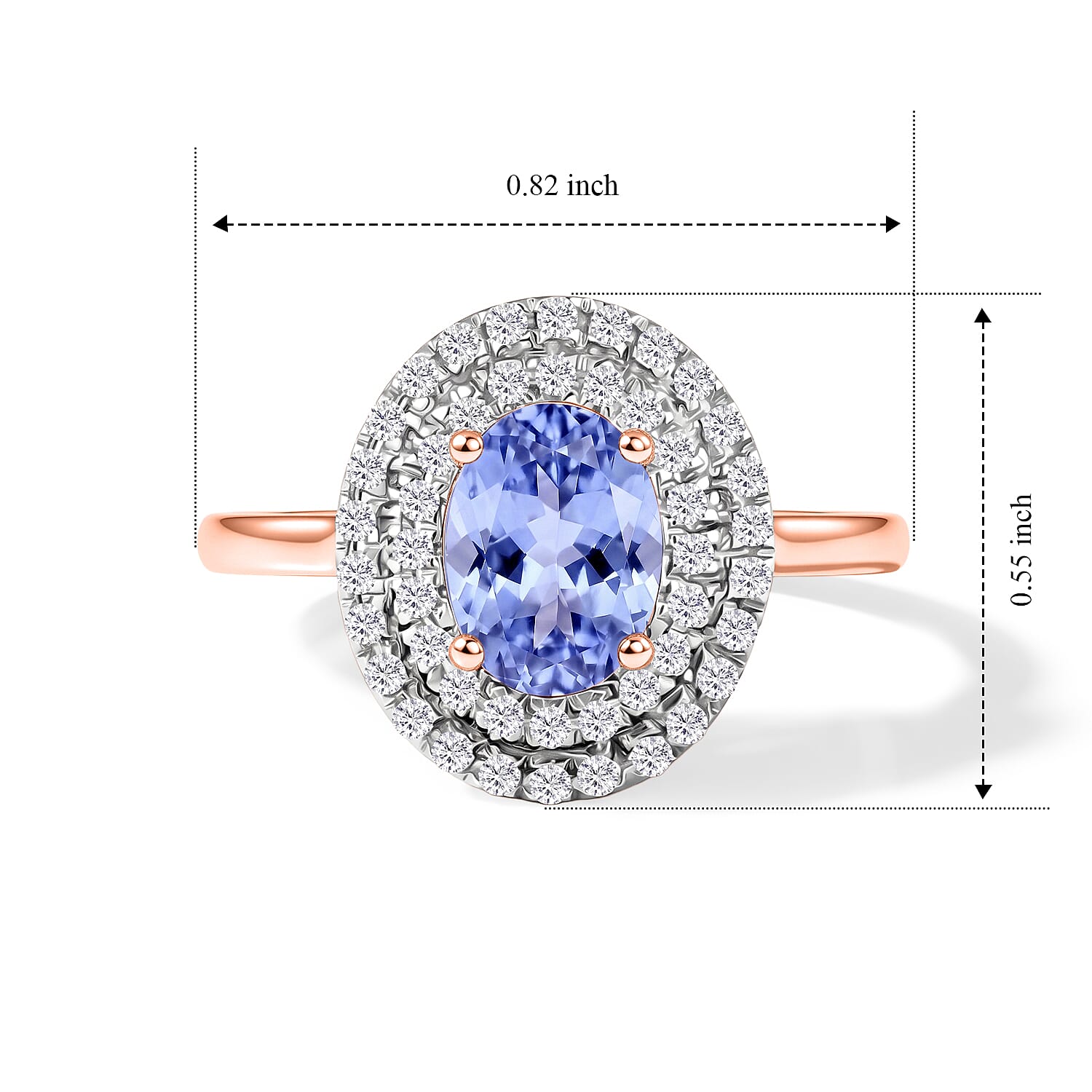 D'Joy Tanzanite and White Zircon 1.60 ctw Double Halo Ring in 18K Vermeil Rose Gold Over Sterling Silver (Size 10.0)