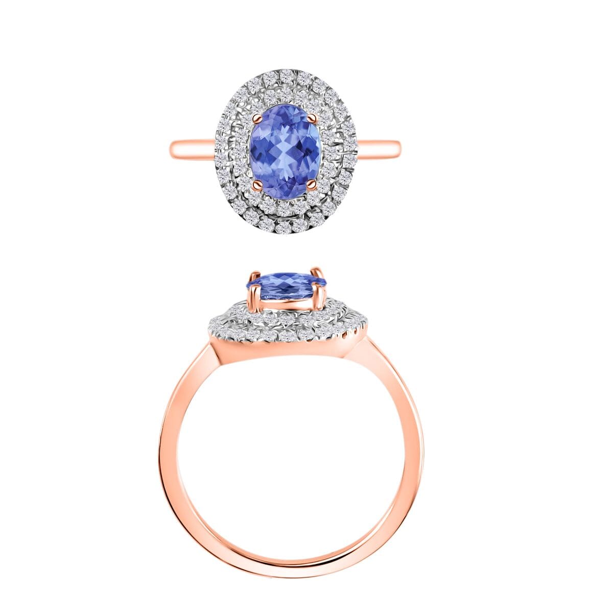 Tanzanite and White Zircon 1.60 ctw Double Halo Ring in 18K Vermeil Rose Gold Over Sterling Silver (Size 6.5) image number 3