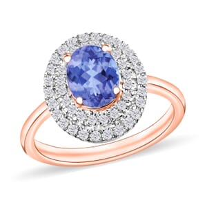 Tanzanite and White Zircon 1.60 ctw Double Halo Ring in 18K Vermeil Rose Gold Over Sterling Silver (Size 9.0)