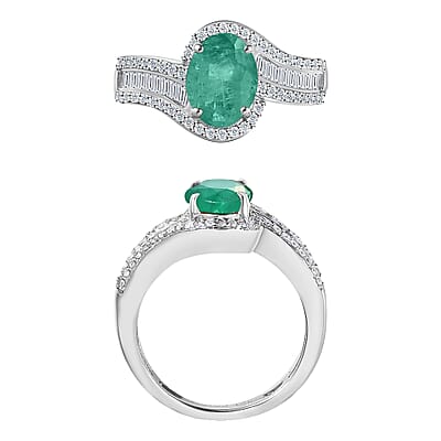 Luxoro Premium Kagem Zambian Emerald and G-H I1 Diamond 1.55 ctw Ring in 14K White Gold (Size 10.0) 6.3 Grams