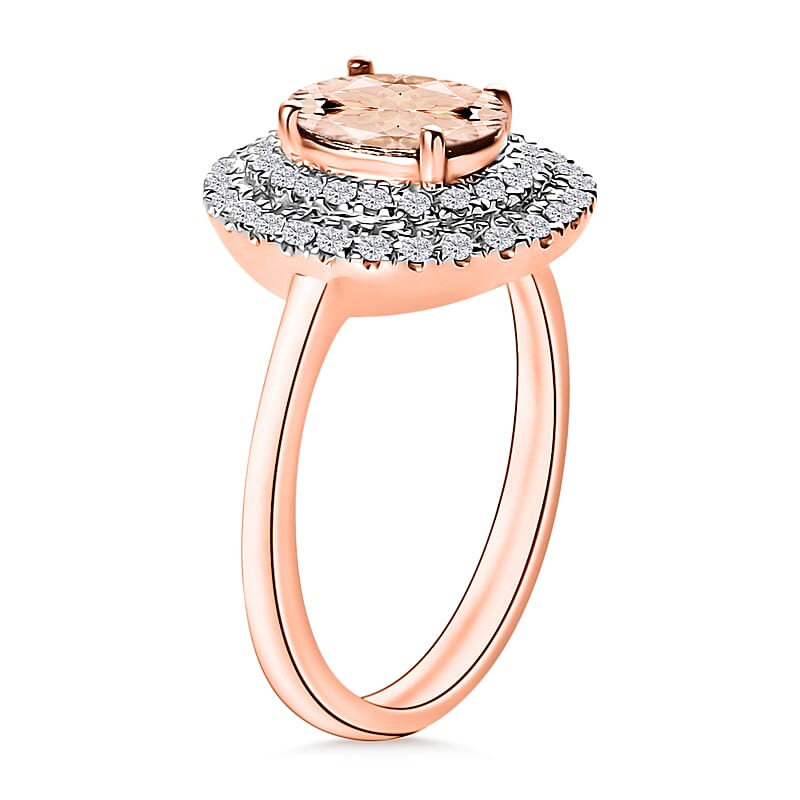 Marropino Morganite and White Zircon 1.60 ctw Double Halo Ring in 18K Vermeil Rose Gold Over Sterling Silver (Size 10.0)